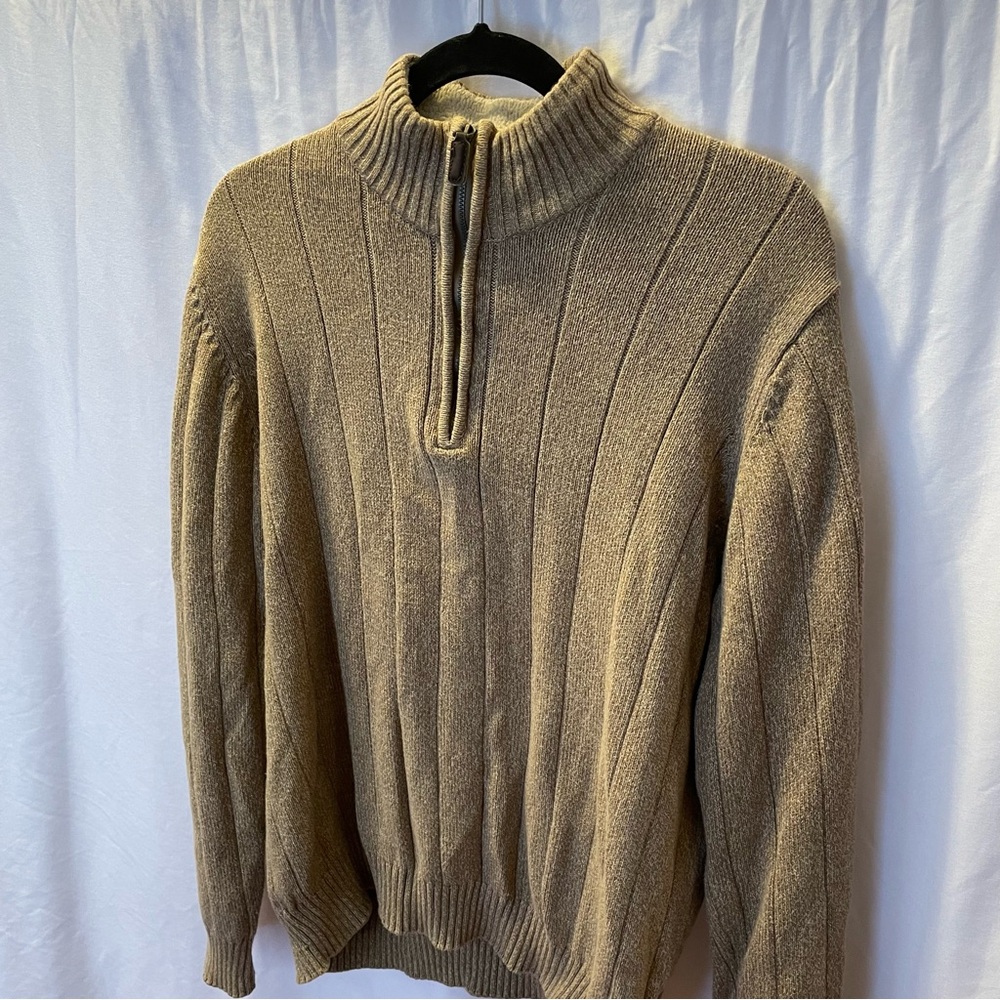 David Taylor Collection Large Knit Tan Sweater 1/4 Zip Mock Neck 100% Cotton